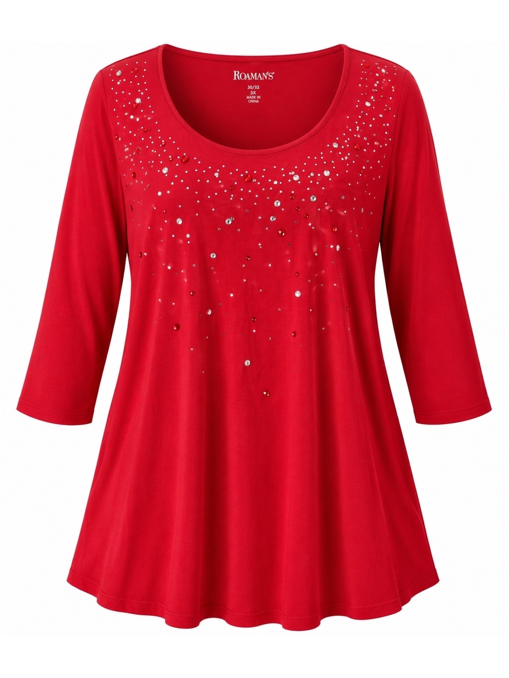 Roaman’s Women’s 3X 30/32 Red Rhinestone Embellished 3/4 Sleeve Tunic Top